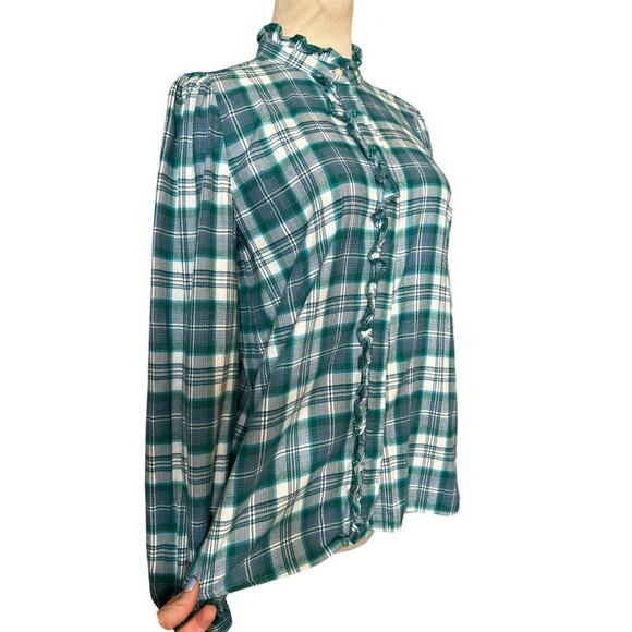Loft green white plaid long sleeves ruffle button shirt size Small - Picture 15 of 16